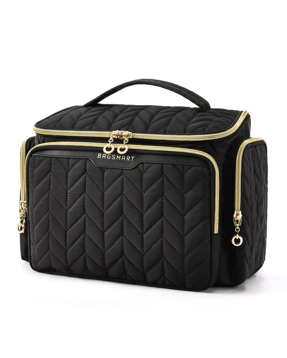 Black puffy fabric travel toiletry bag with handle and two-way zippers