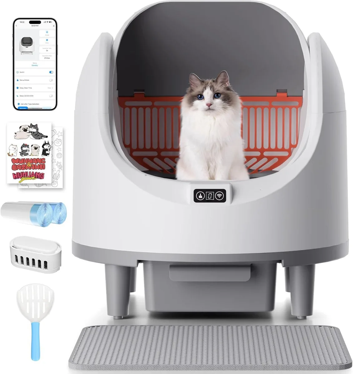 White automatic litter box, open-top design, app-controlled with safety sensors
