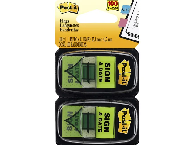 3M 3M 680-SD2 Sign &amp; Date Flags Green 25x43mm 100 Flags — product photo