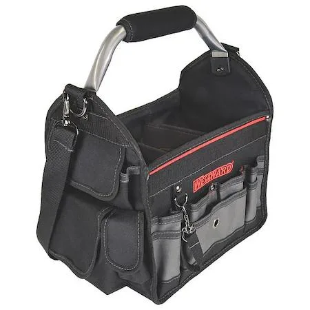 Black 600d polyester tool tote with 18 pockets and rotating handle