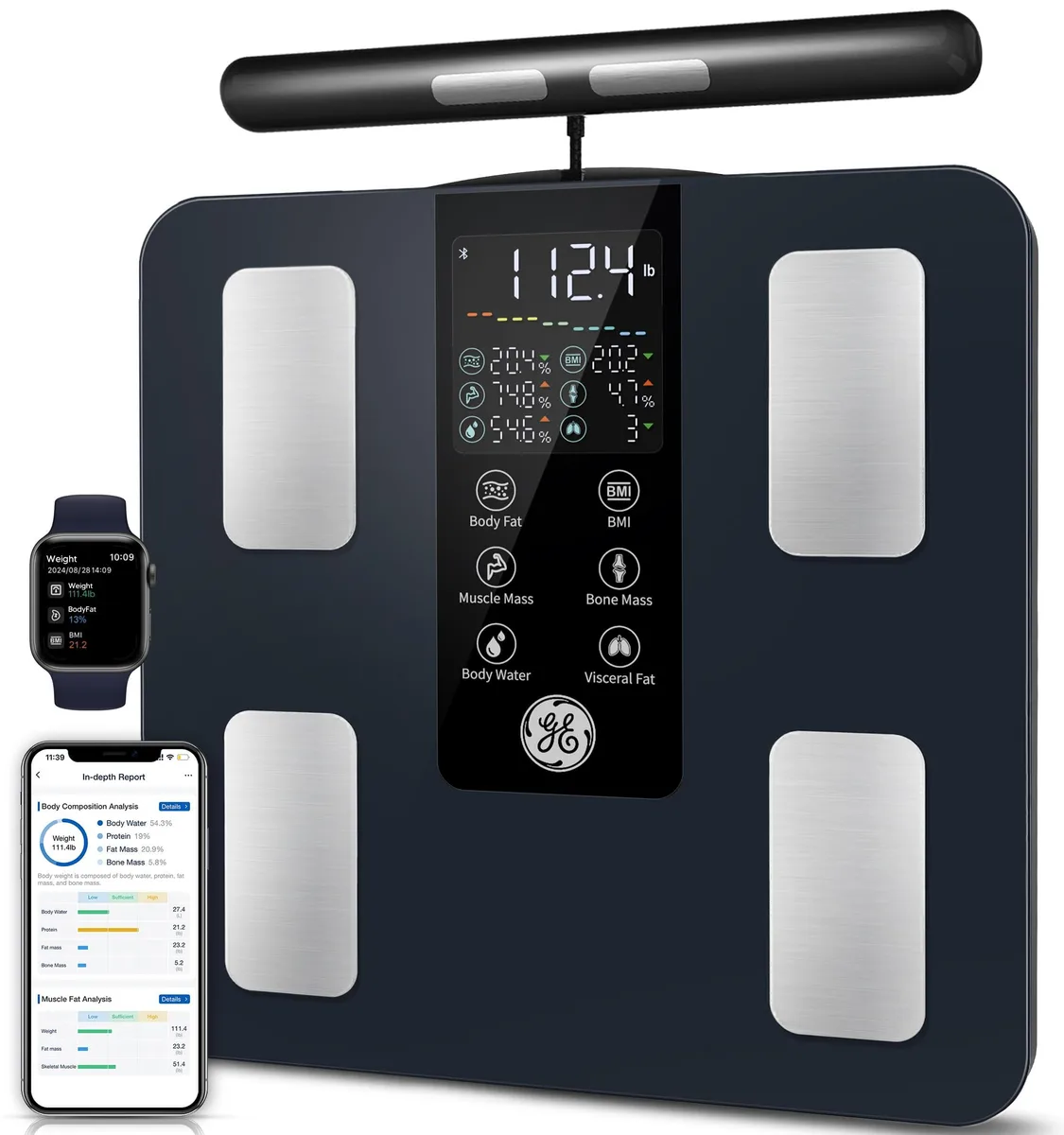 Black rectangular digital bath scale with glass surface and LED display
