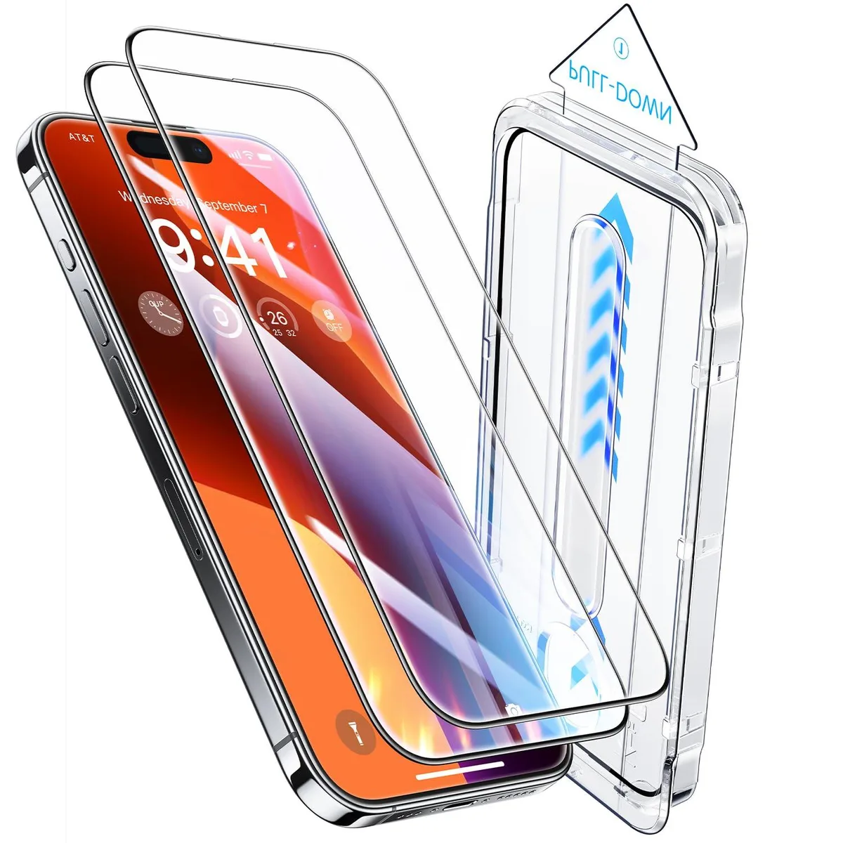 Two clear rectangular tempered glass screen protectors with black curved edges and installation frame