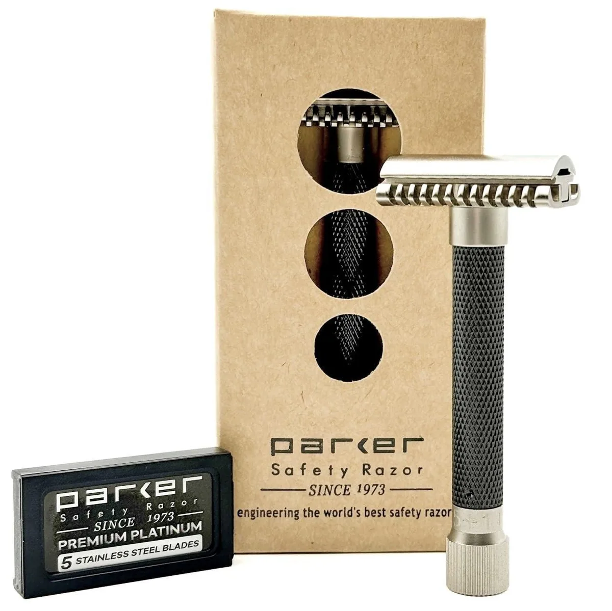 Graphite gray adjustable safety razor, open comb head, long handle, brass construction
