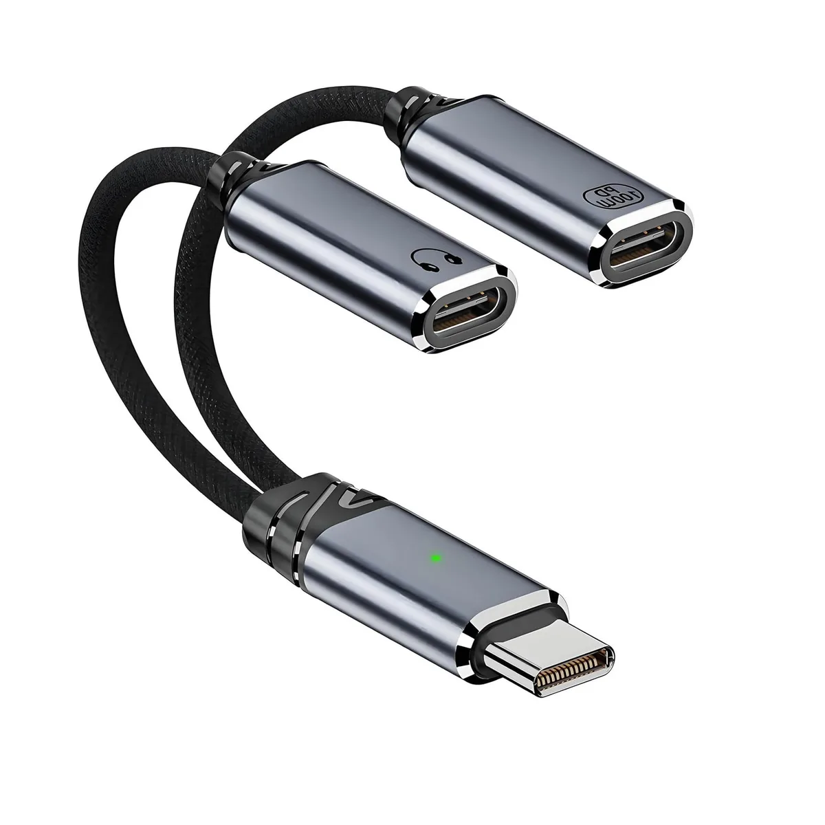 Black USB-C splitter with two female ports and short braided cable