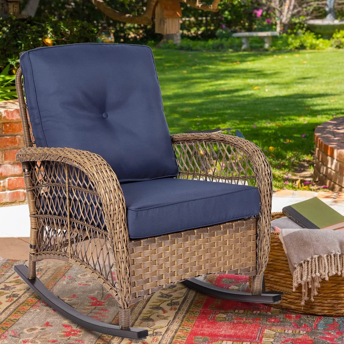 MEETWARM MEETWARM Wicker Rocking Chair Navy Blue 27x32.5x35 — product photo