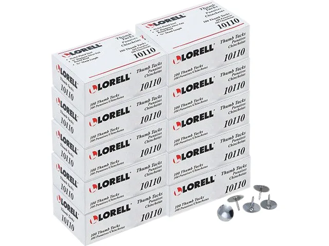 Lorell Lorell 10110BX Steel Thumb Tacks .31" Shank .38" Head 1000 Box Silver — product photo