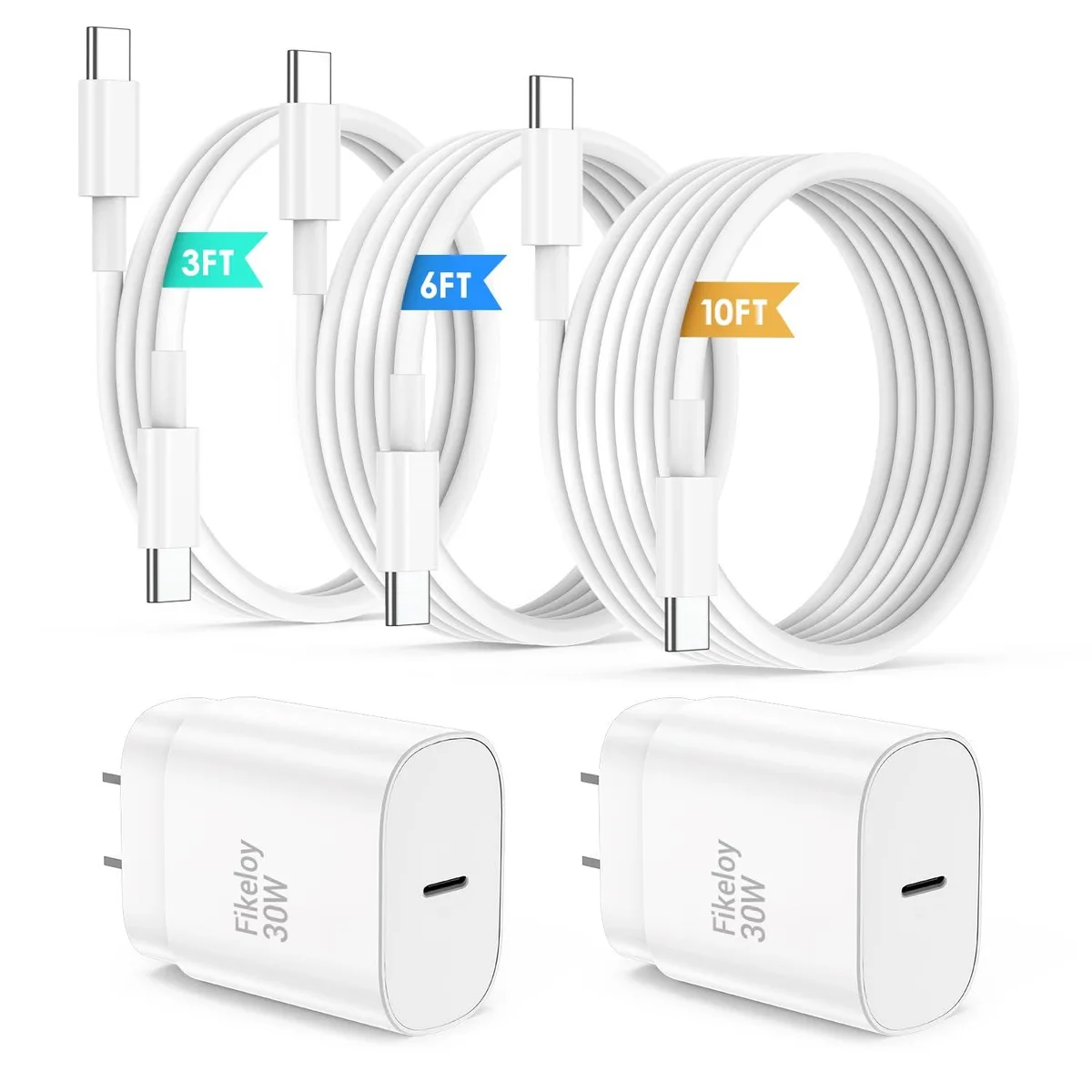 Compact white USB-C charger with three matching cables in 3, 6 and 10 foot lengths