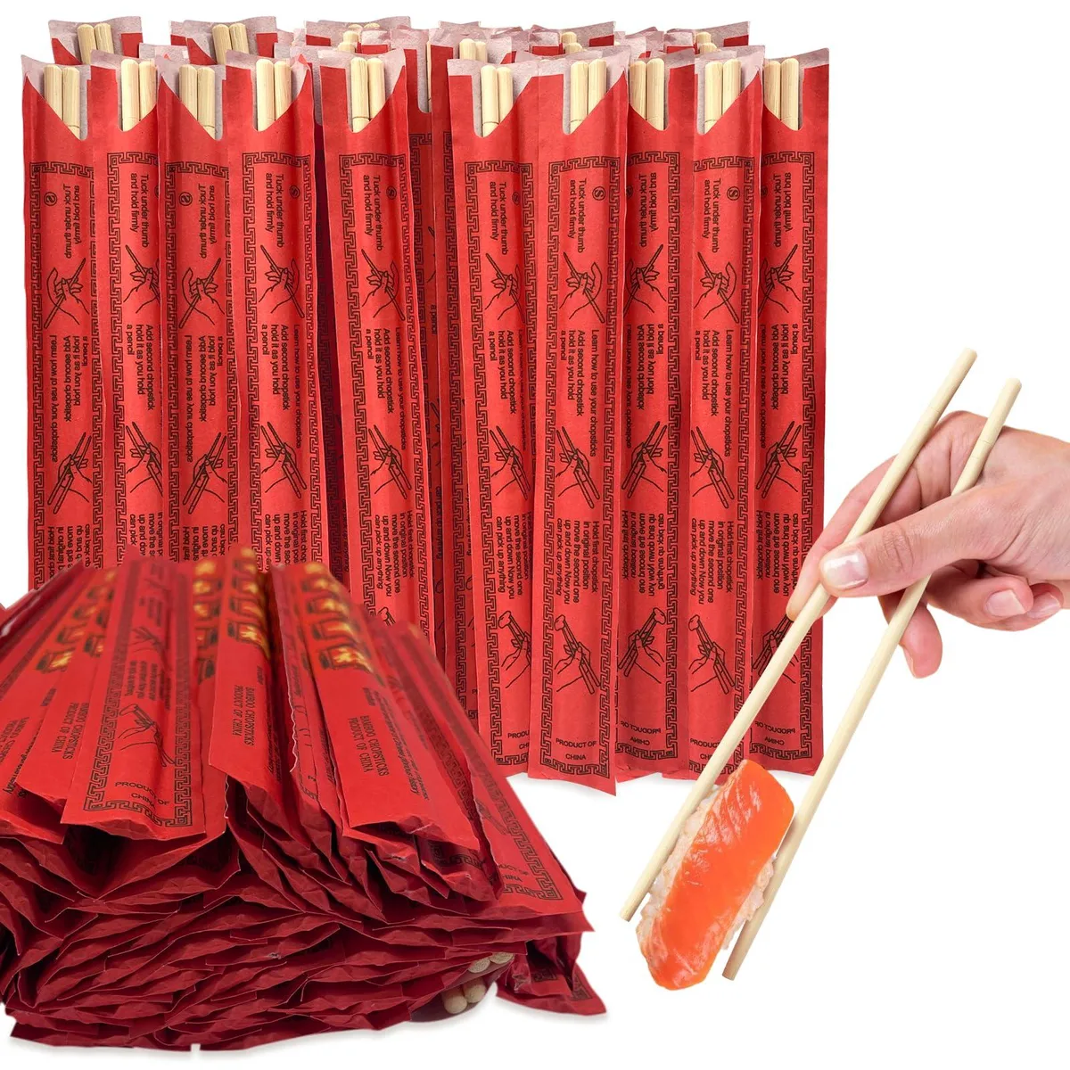 Bundle of 200 individually wrapped bamboo chopstick pairs in red packaging