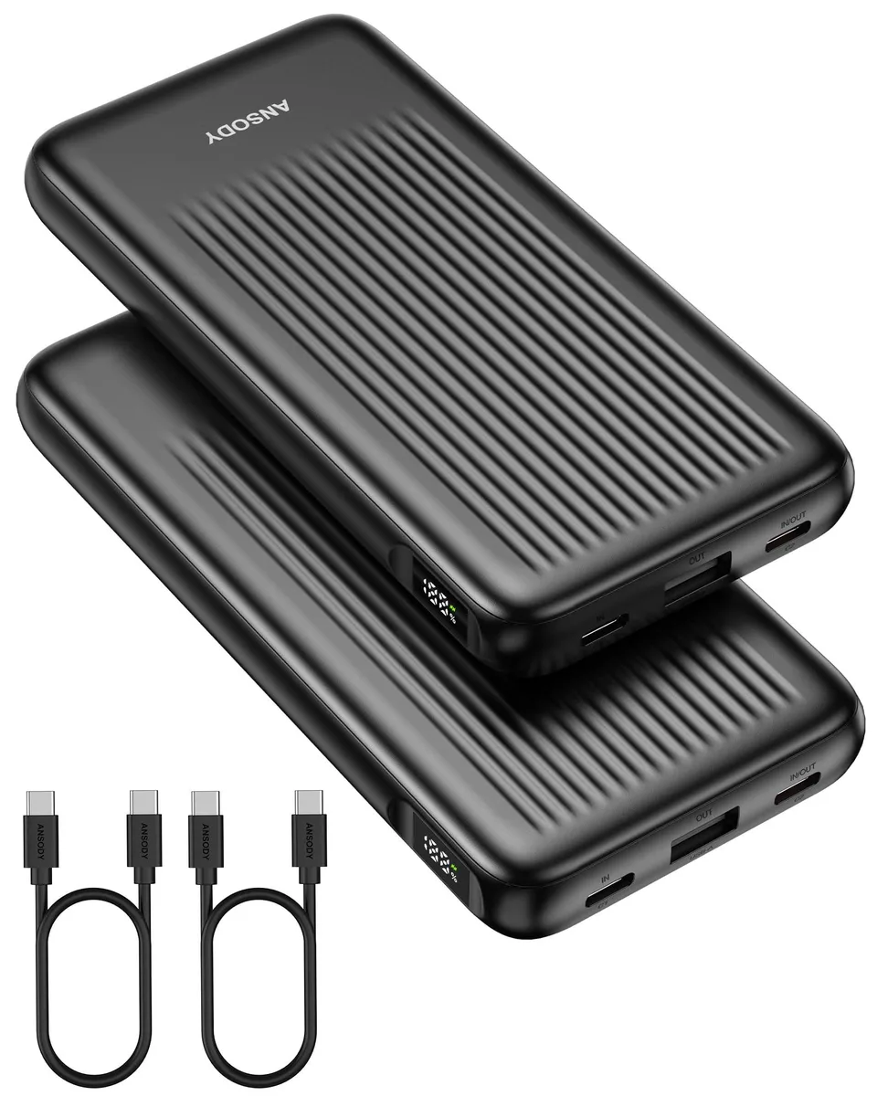 Two slim black power banks side by side with digital displays