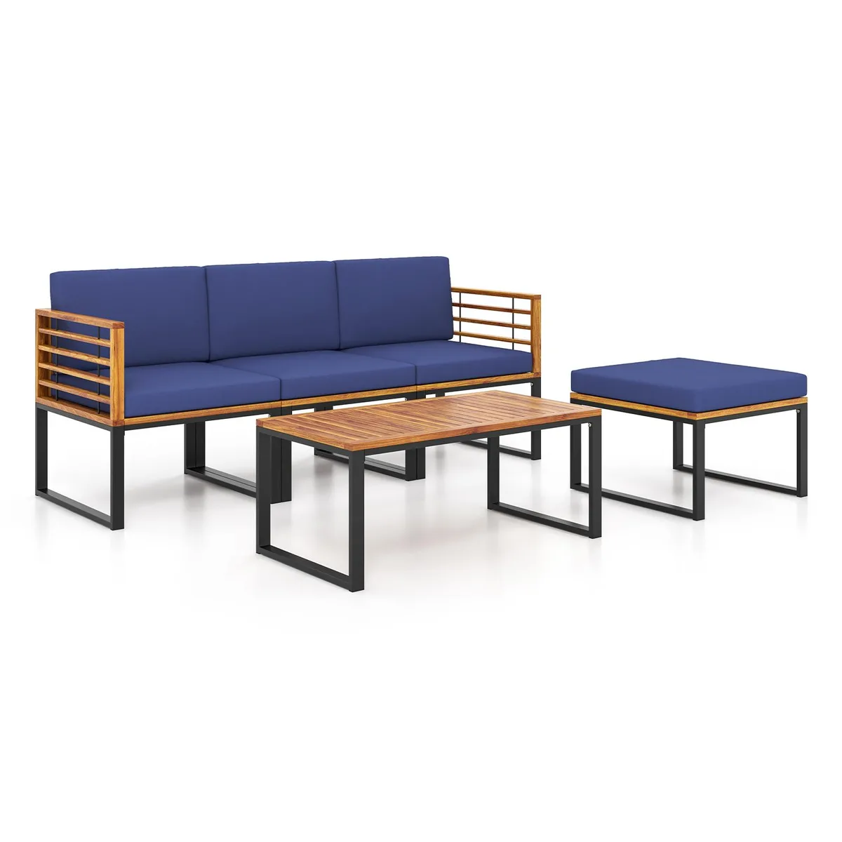 SlickBlue SlickBlue 5-Piece Patio Acacia Wood Chair Set Navy with Ottoman and Coffee Table — product photo