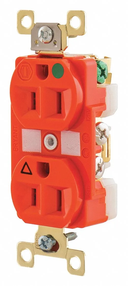 Orange flush-mount duplex receptacle with isolated ground marking