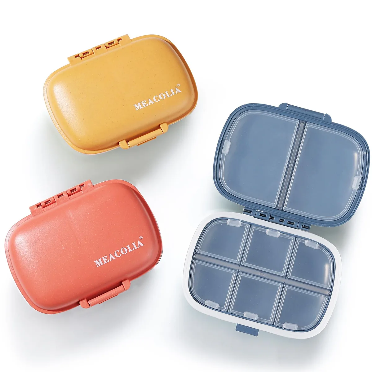  MEACOLIA 3 Pack 8-Compartment Travel Pill Organizer (Dark Blue, Red, Yellow) — product photo