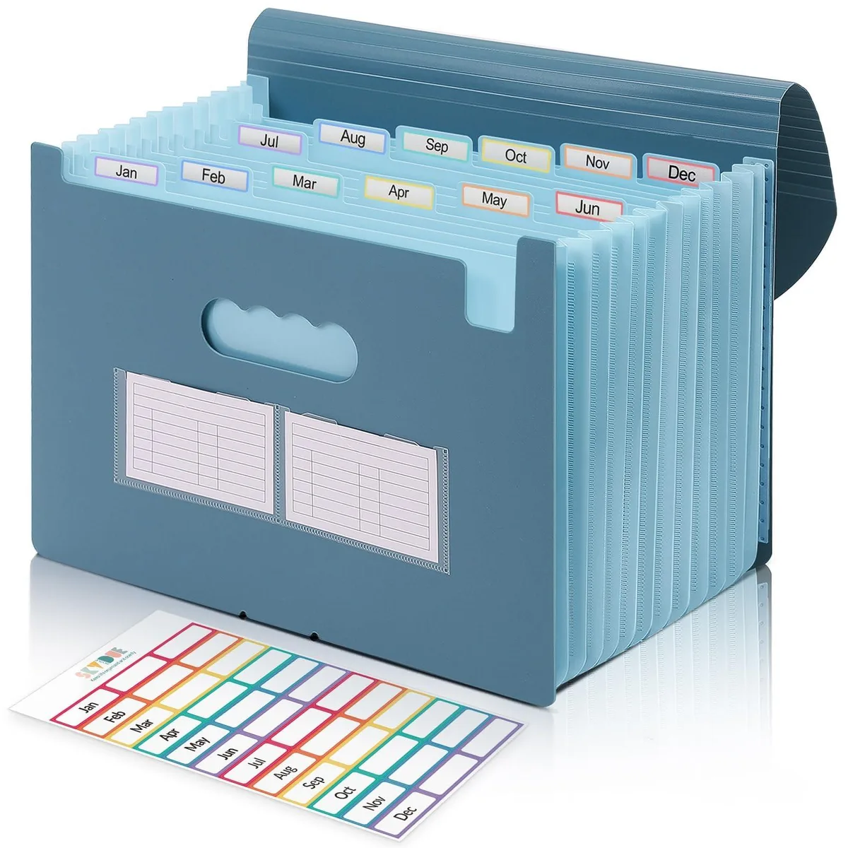 Haze blue 13-pocket expanding file folder standing upright showing translucent polypropylene finish