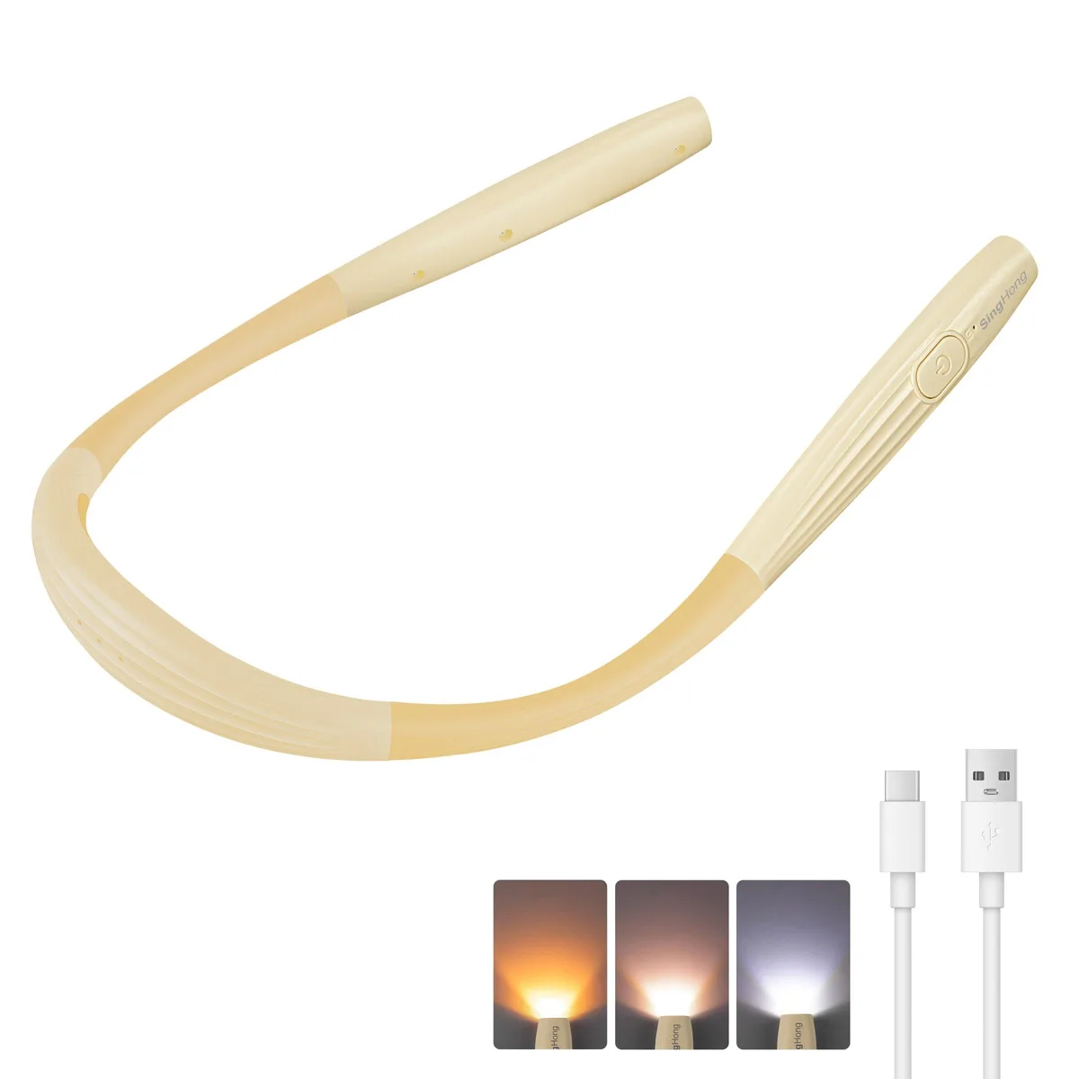 Yellow flexible neck-worn book light with silicone arms and USB-C port