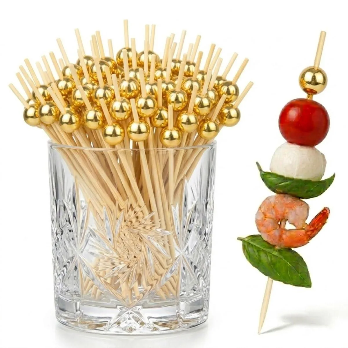100 gold-beaded bamboo cocktail picks 4.7 inch