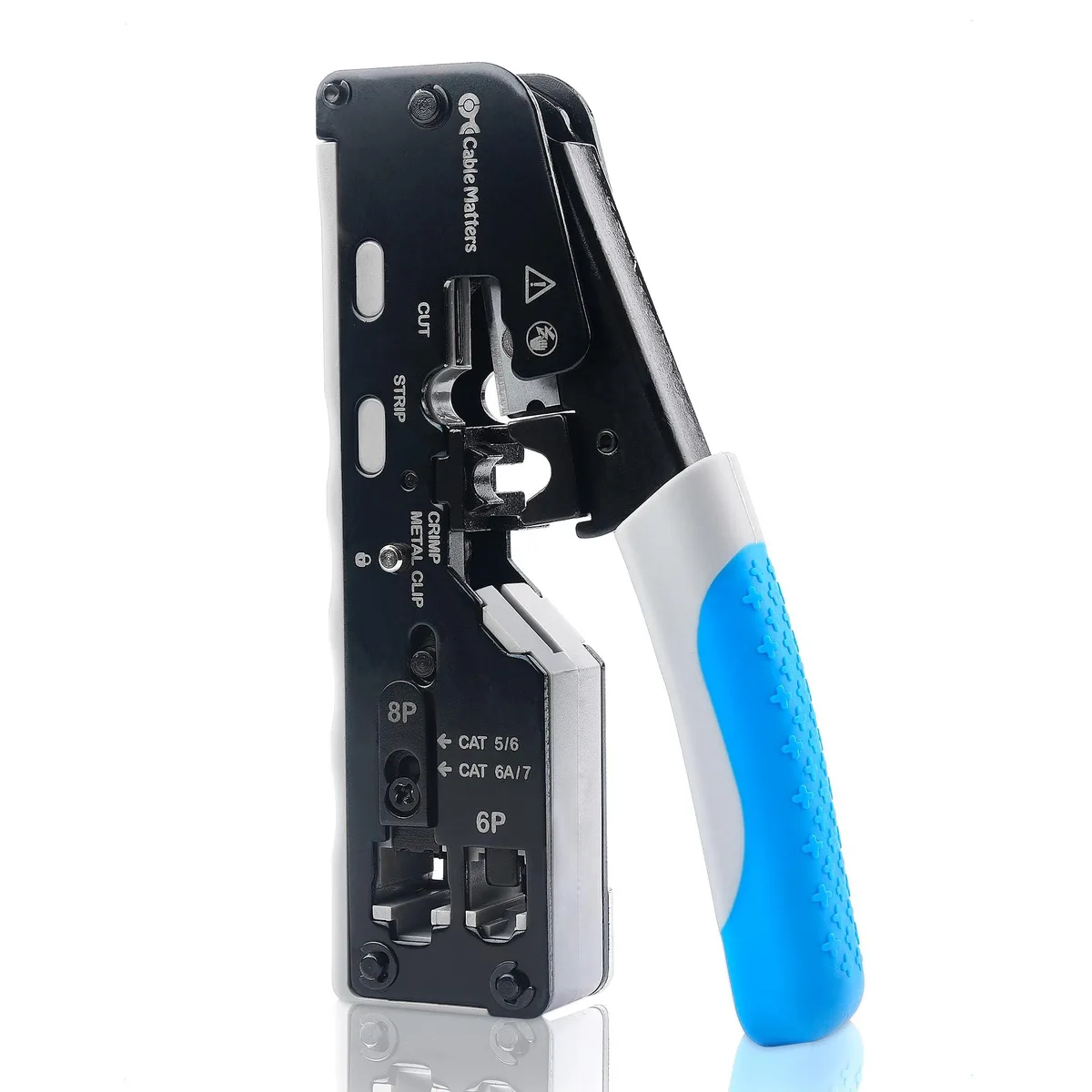 Black metal modular Ethernet crimping tool, compact rectangular shape with ergonomic handles