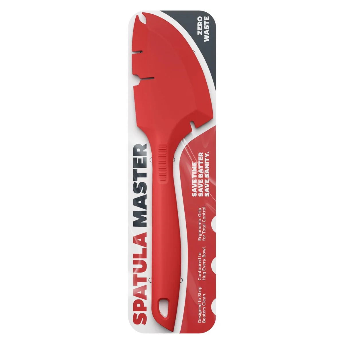 Cherry red silicone bowl scraper spatula, 12-inch curved blade with notches, stainless steel core, hanging hole