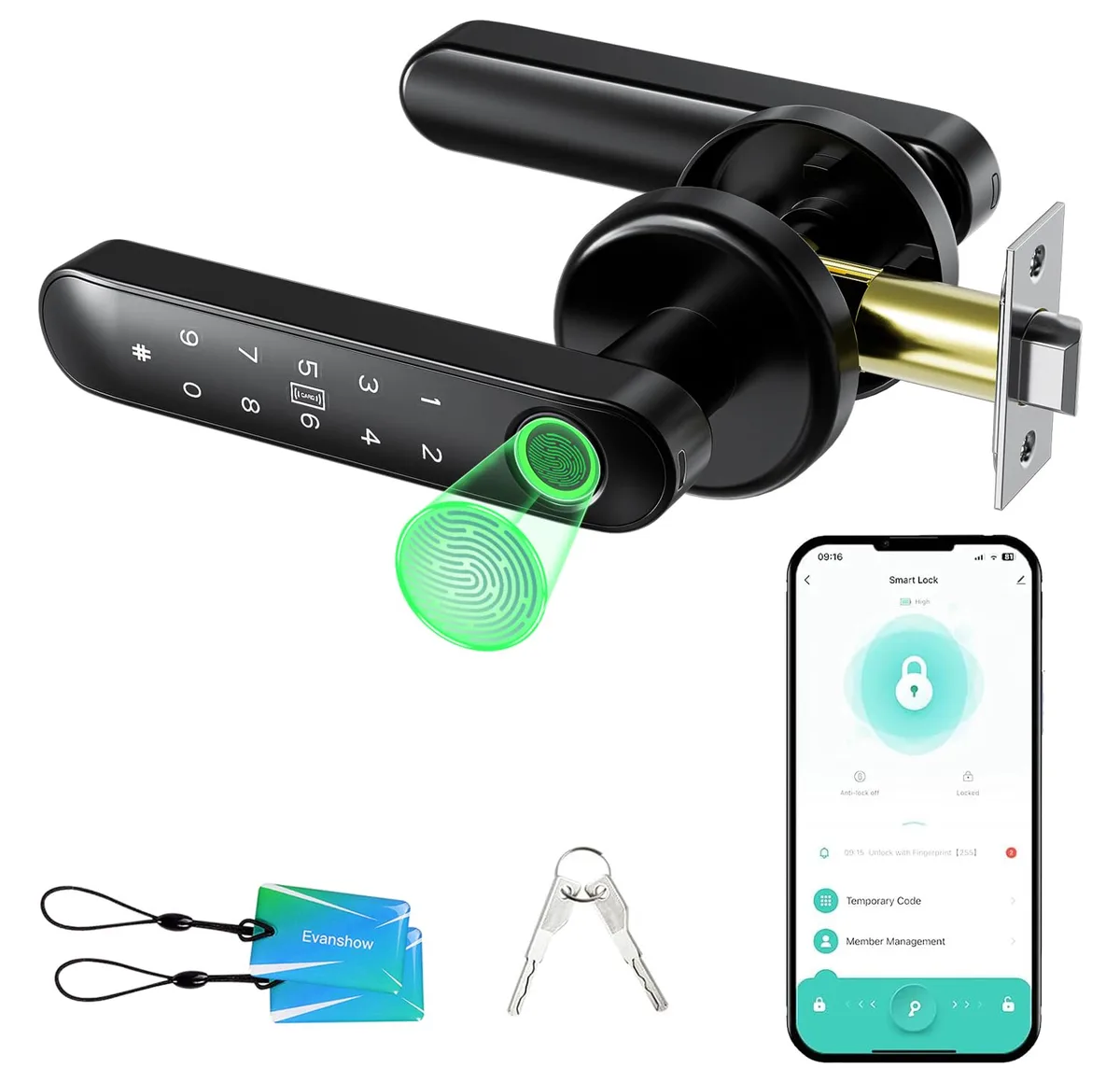 Black smart door knob with keypad and fingerprint sensor, 5.5 in cube