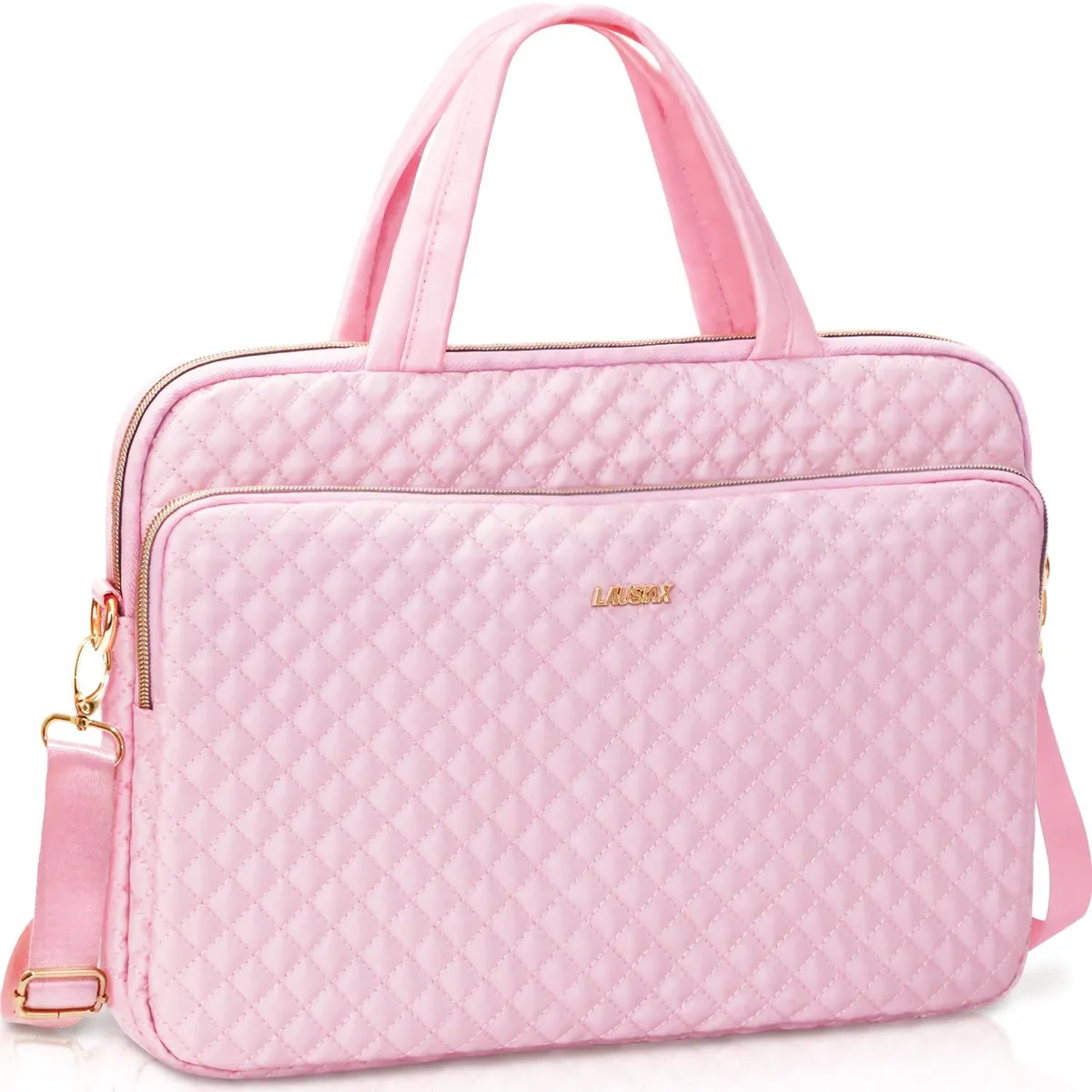 Pink laptop messenger bag with handle and removable shoulder strap