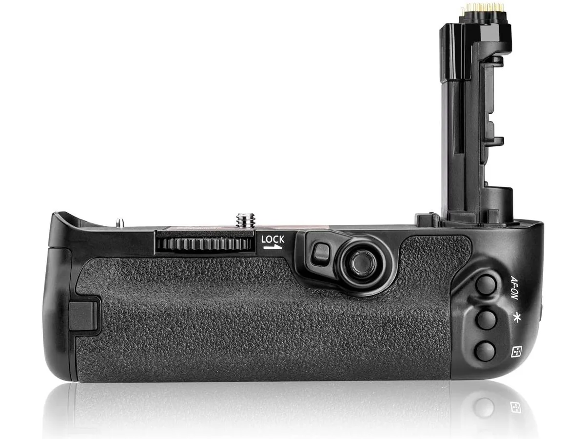 Black battery grip for Canon DSLR with vertical shutter button and dual battery slots