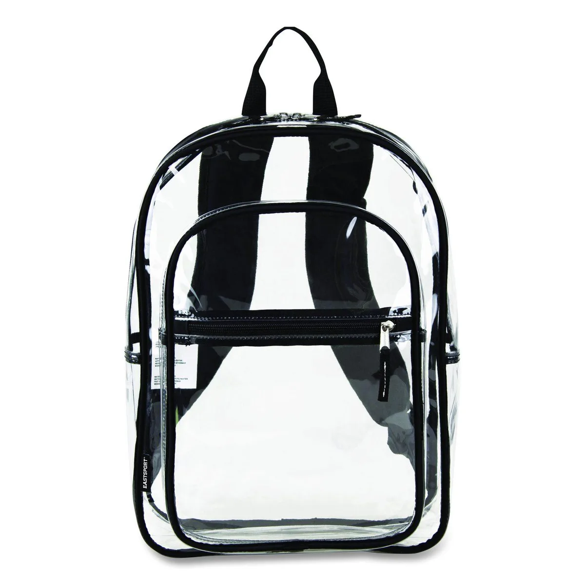 Clear PVC backpack with black trim, shoulder straps, rectangular shape