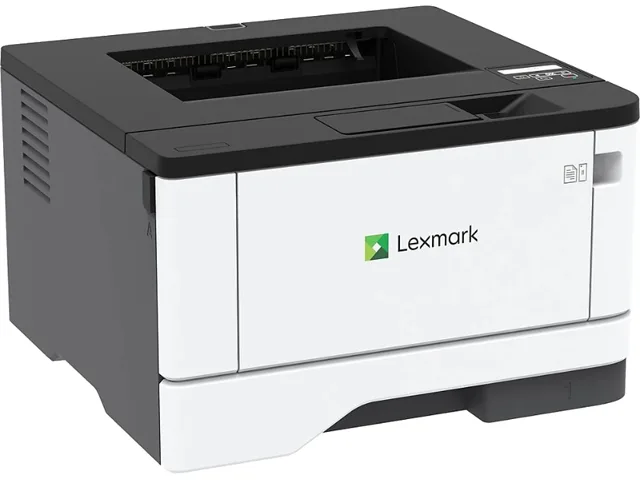 White rectangular laser printer with top output tray and front paper cassette
