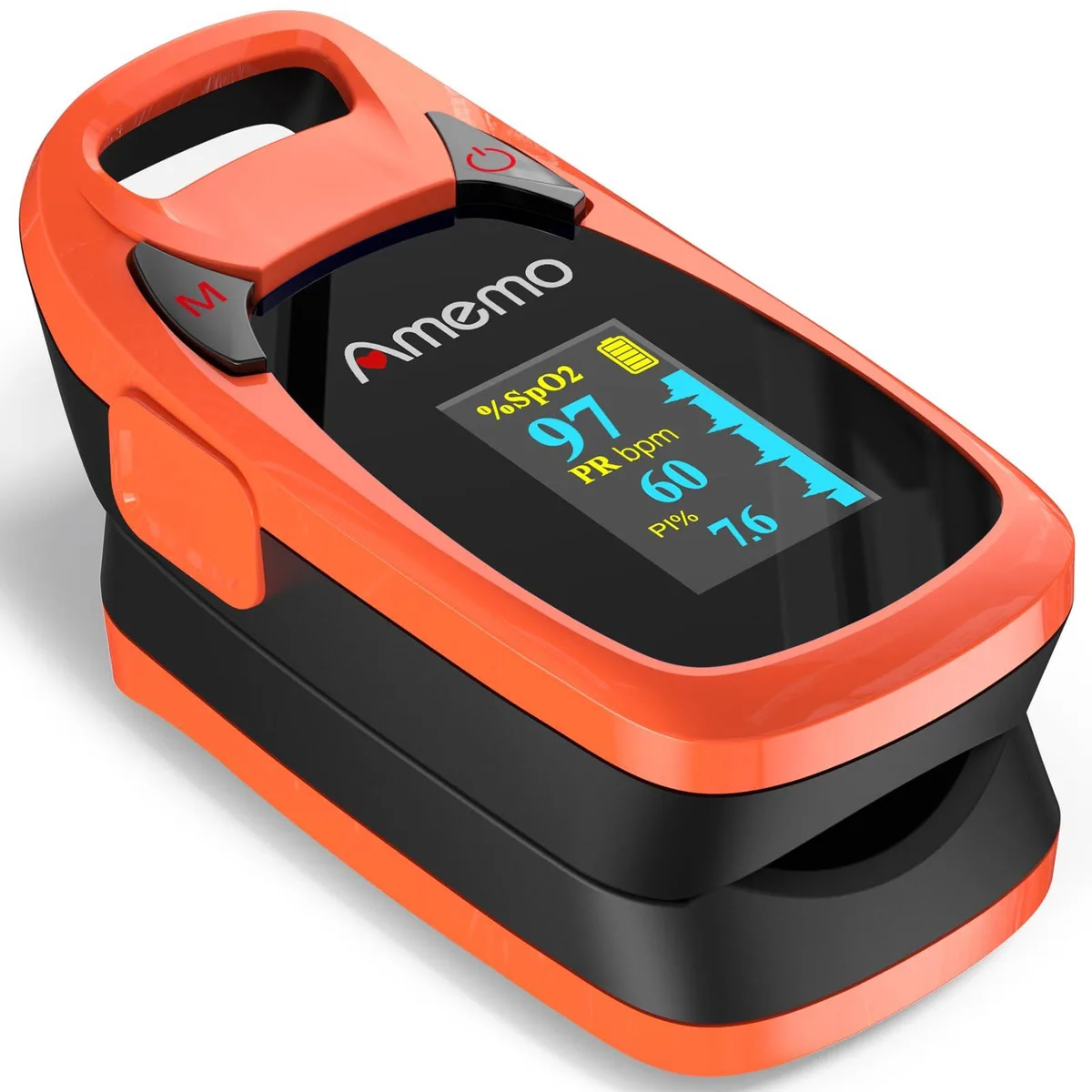 Red-orange fingertip pulse oximeter with large OLED display, carrying case included