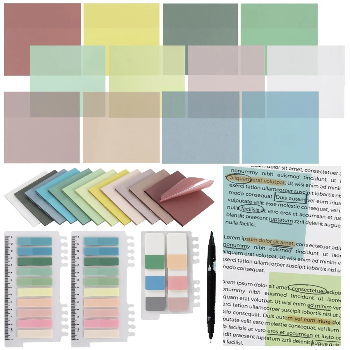 A stack of 1120 transparent square sticky notes in muted Morandi colours with a pen
