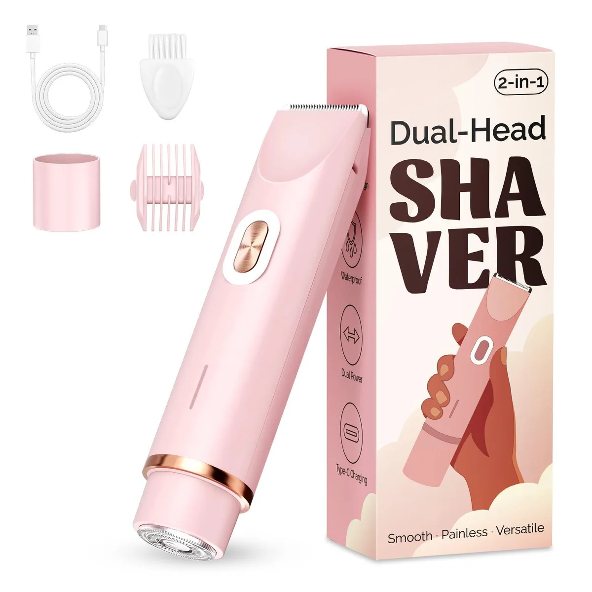 Pink electric shaver with dual heads, compact and washable