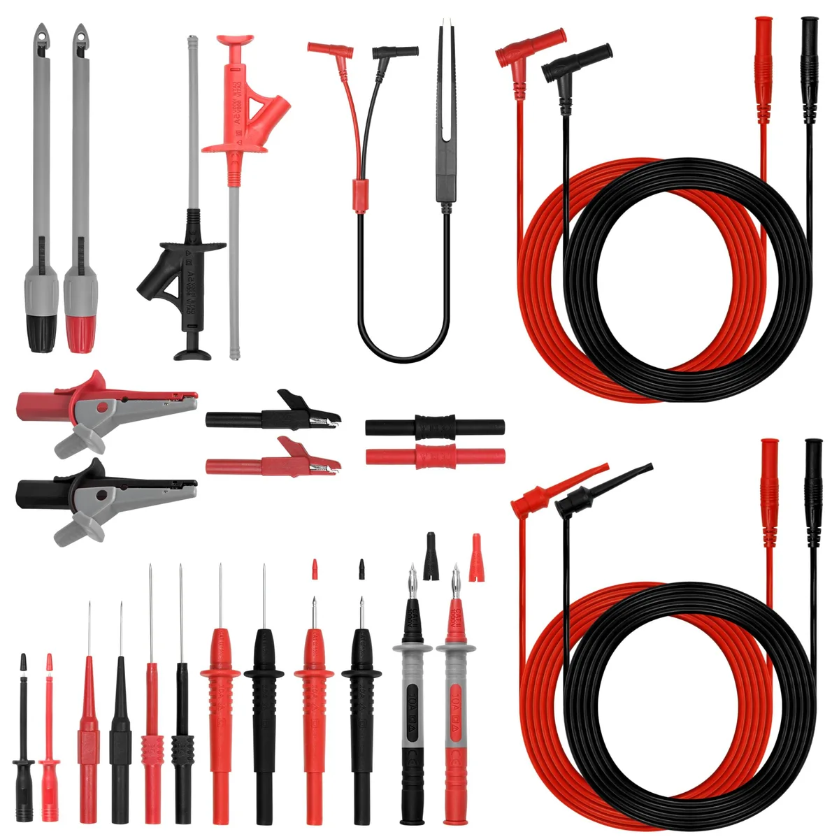 Red 27-piece multimeter test lead kit in transparent storage box