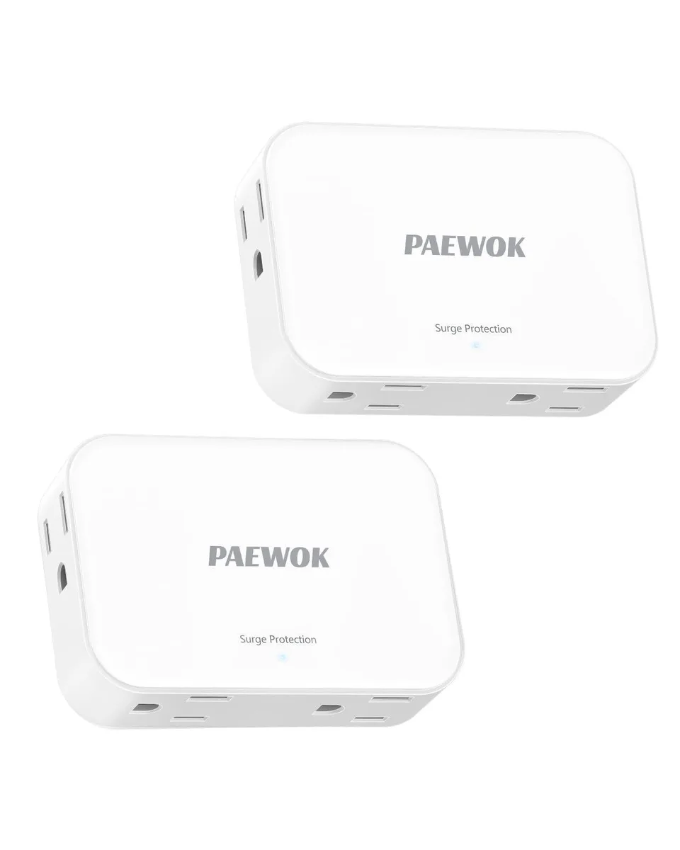 Two white outlet extenders with flat rotating plugs and four sockets each