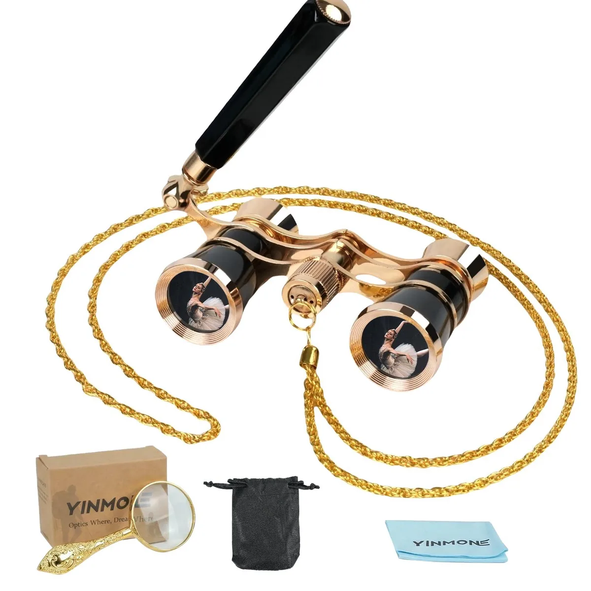 Black-gold vintage opera glasses with foldable handle and chain, compact rectangular shape, 3.5 by 2 by 1.2 inches