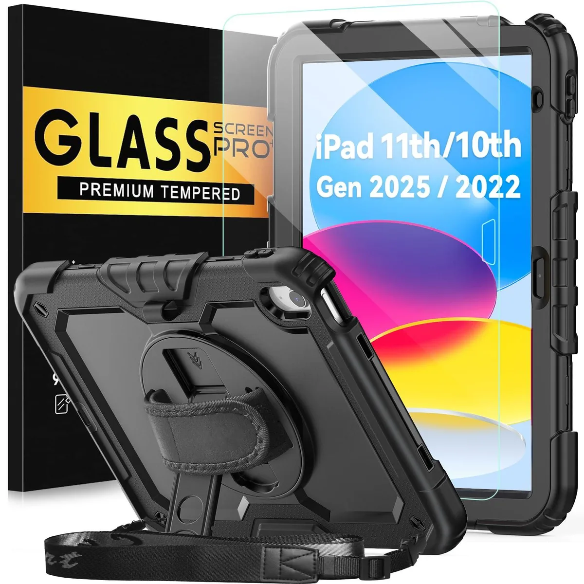  Speck BG-10th-GP-BK iPad case with tempered glass, hand strap, shoulder strap, pencil holder, black — product photo