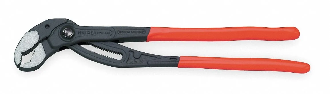 Sixteen-inch polished chrome vanadium water pump pliers with box joint, push-button adjustment and cushioned grips