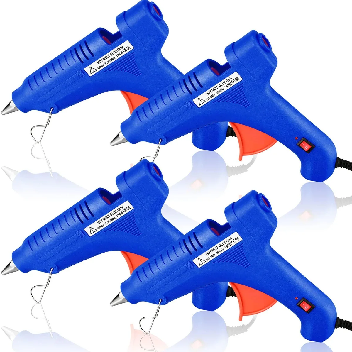 Four blue 100W hot glue guns, full-size corded electric, white finish
