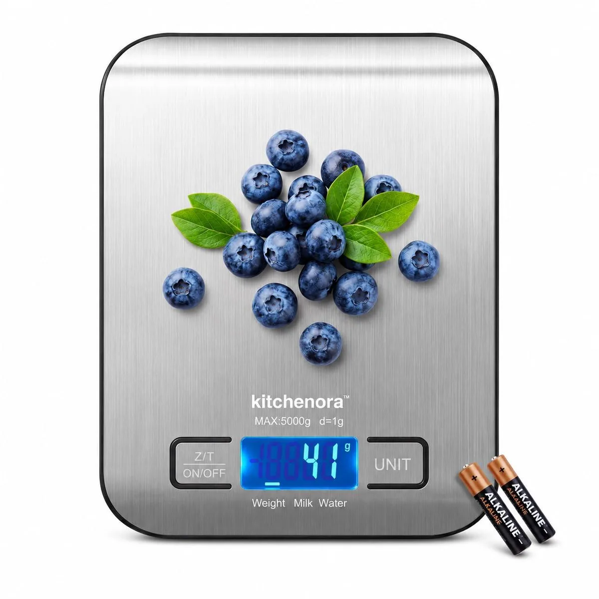 Compact silver digital scale with brushed stainless steel platform and backlit display
