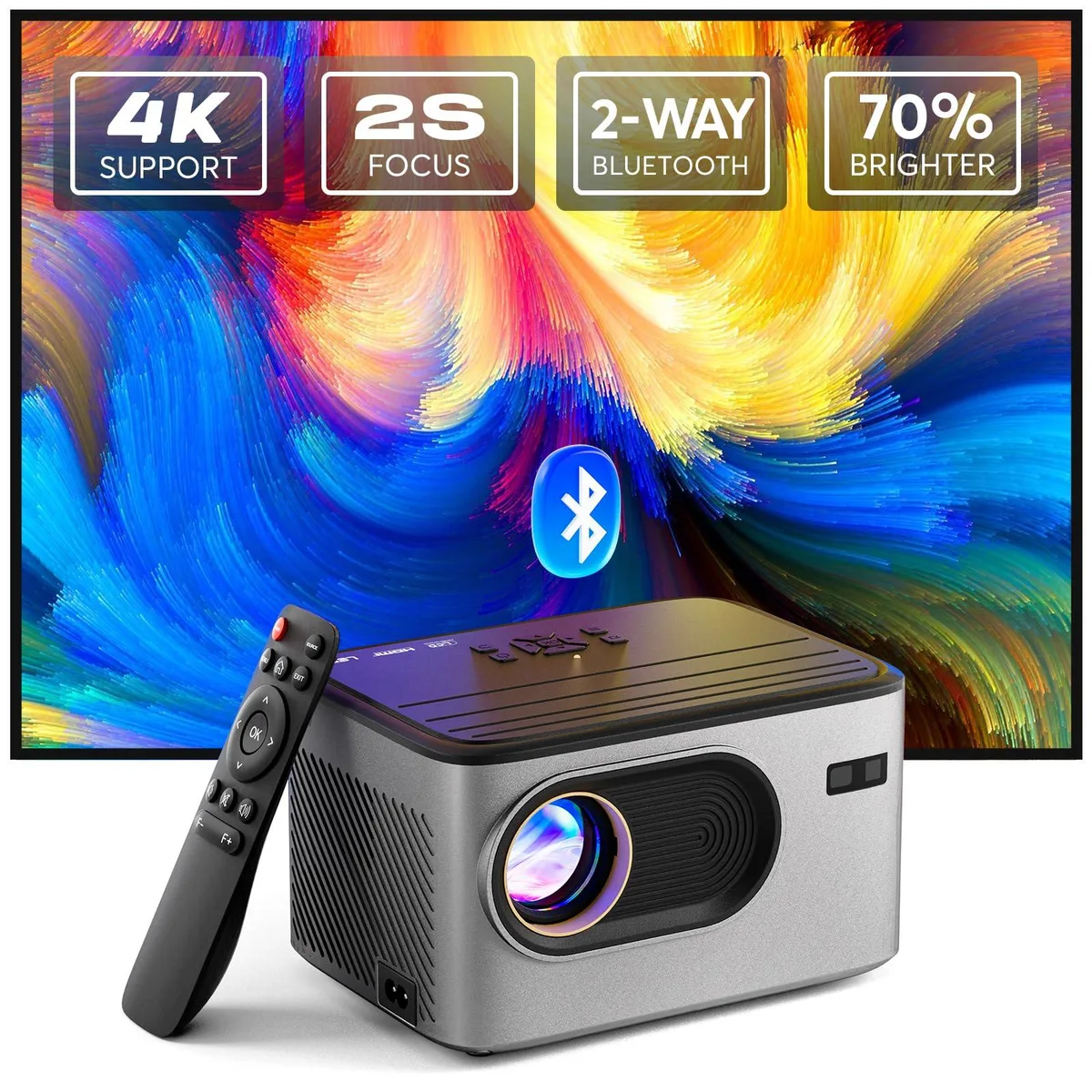 Black rectangular projector with rounded edges and built-in speaker grille