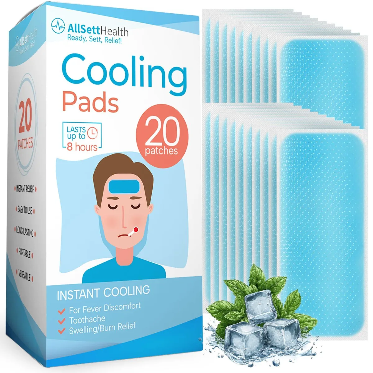 Twenty blue gel cooling patches in rectangular form