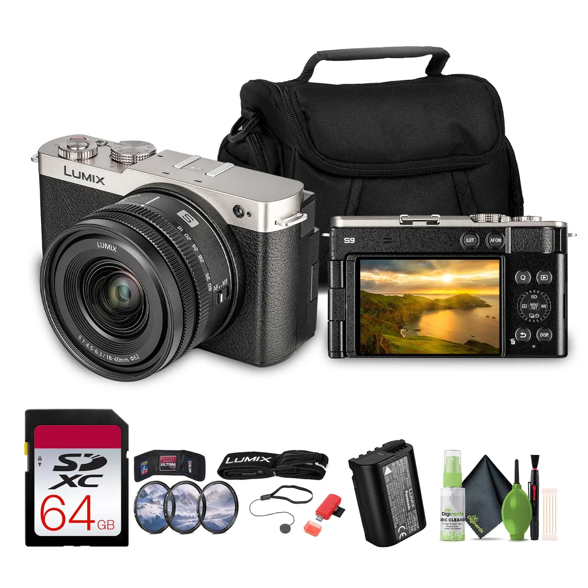 Panasonic Panasonic Lumix S9 18-40mm f/4.5-6.3 Lens Silver Kit 64GB Card 62mm Filters — product photo