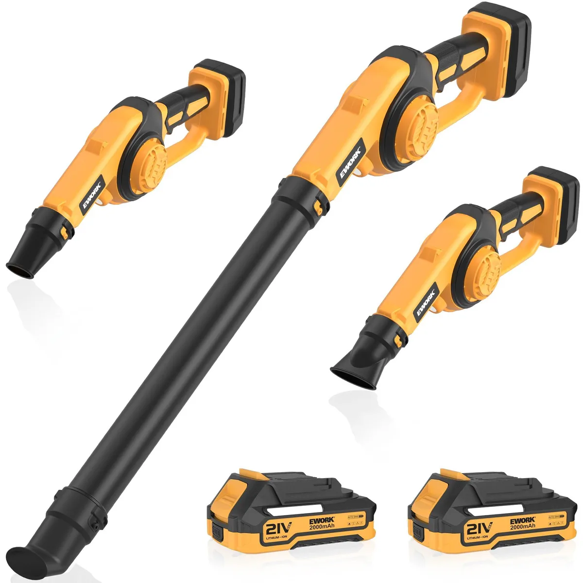 Compact orange handheld blower with two batteries and charger