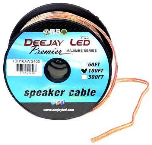 A 100-foot spool of 18-gauge stranded speaker cable with a red-striped conductor