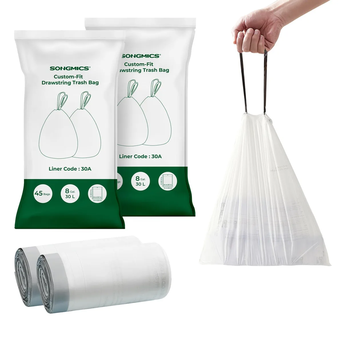 White drawstring trash bags on two rolls, 90 count, box-free pack