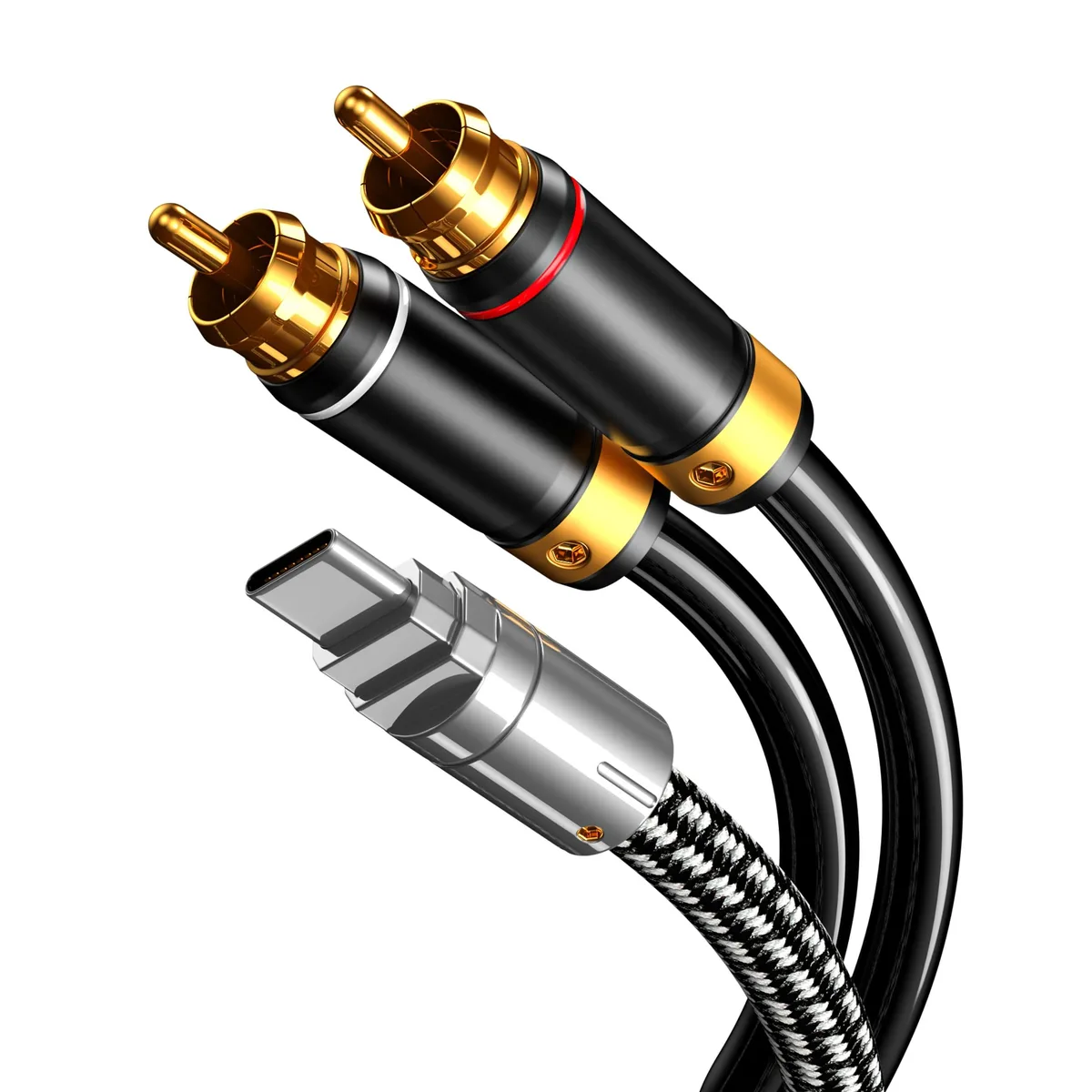 Red braided USB-C to dual RCA male audio cable 3.2FT