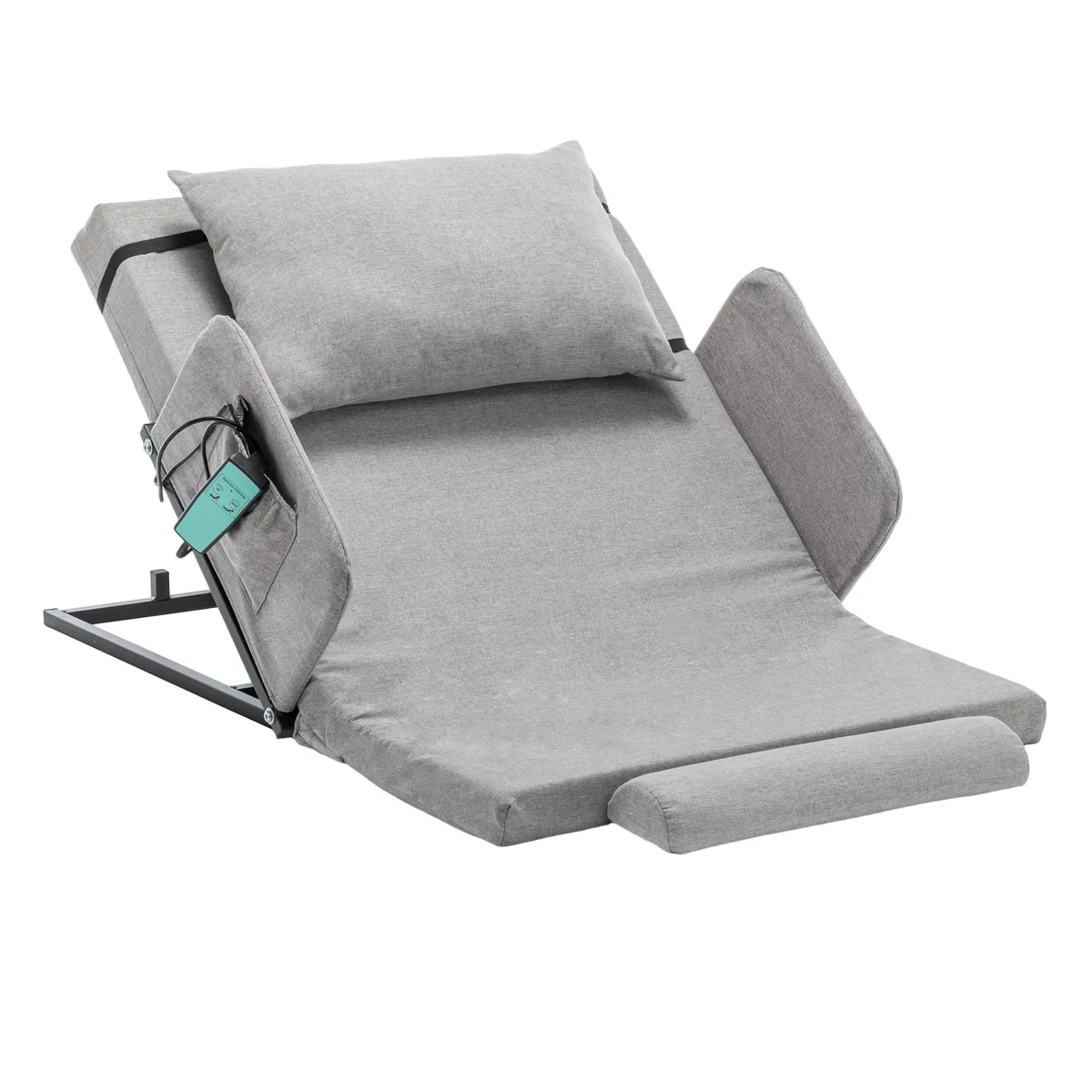 Grey electric adjustable backrest with steel safety rails and 2.4in foam cushioning