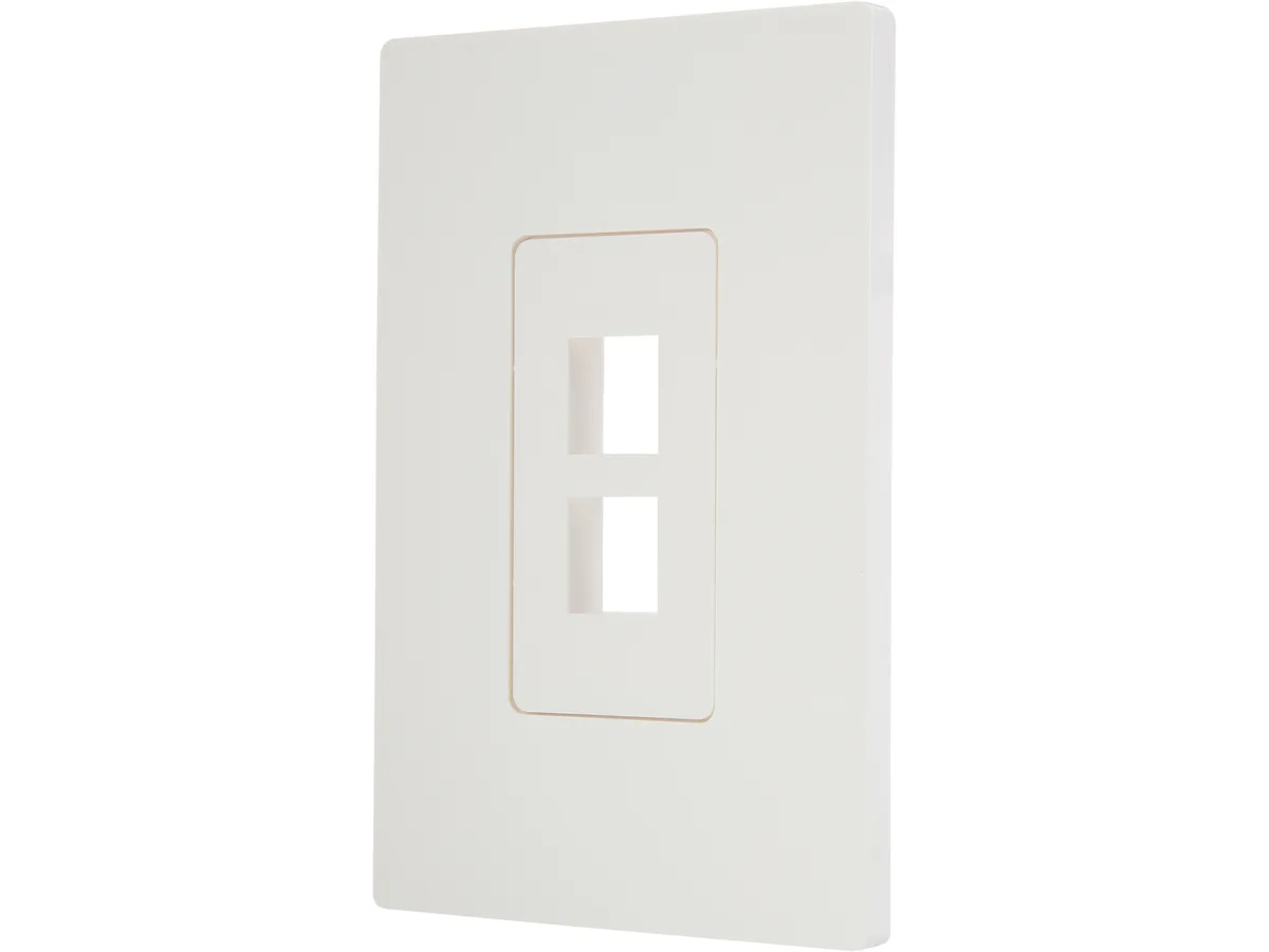 White single-gang keystone wall plate with two empty ports