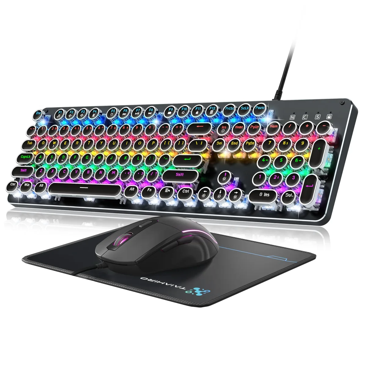 Black metal typewriter-style mechanical keyboard with round keycaps and rainbow backlighting, includes mouse and pad