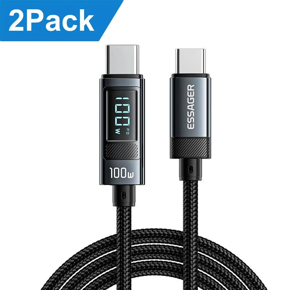 ESTONE ESTONE USB-C to USB-C Cable 100W LED Display 6.6ft 2-Pack Black — product photo