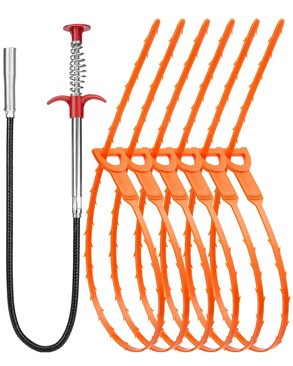 Seven drain tools: six white flexible plastic wands and one red-handled metal spring claw, coiled together