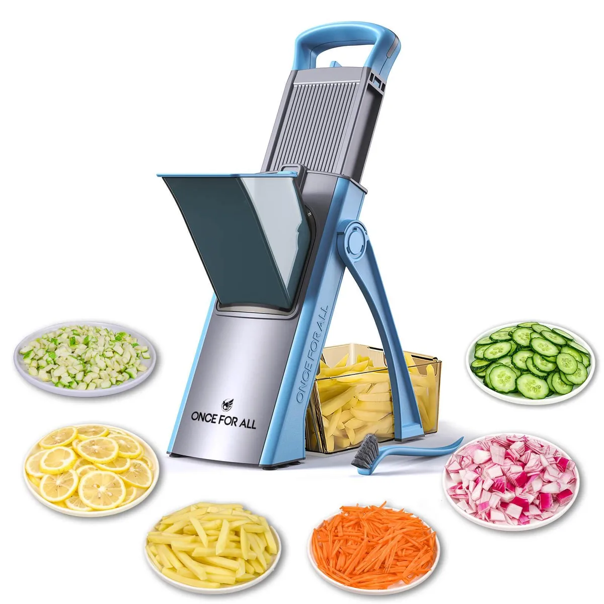 SkyBlue mandoline slicer with folding food catch tray and pusher, 17.5x11x8.9cm
