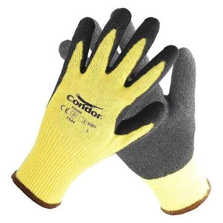 Pair of black and yellow knit gloves with palm coating